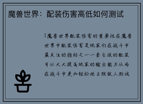 魔兽世界：配装伤害高低如何测试